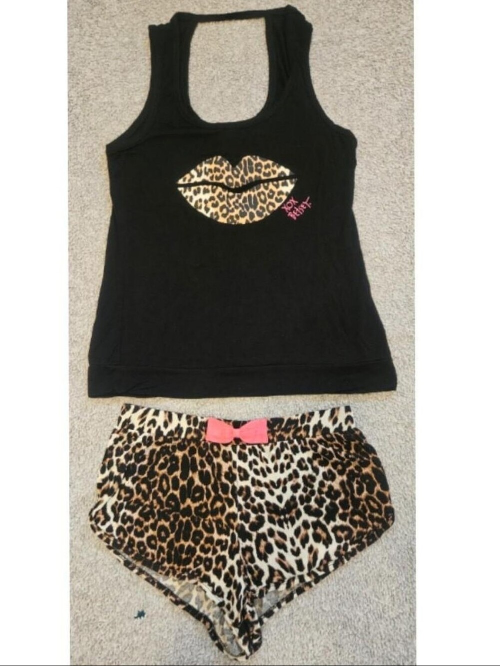 Betsey Johnson Black Racerback Tank & Leopard Print Shorts with Pink Bow